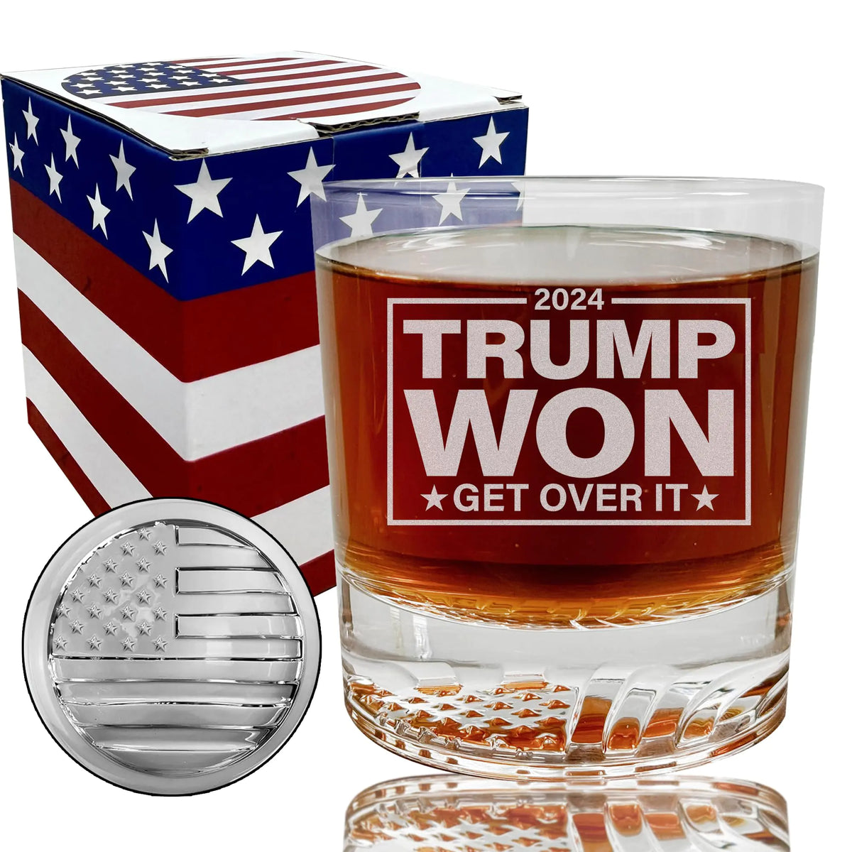 Donald Trump Whiskey Glass - 12oz Engraved 2024 Trump Won Glassware with American Flag Bottom - Conservative Gift Inauguration Day Gift for Trump Supporters Trump For Presidency